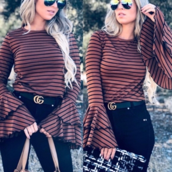 044 Boho Stripes Bell Sleeve Ruffle Top - Picture 3 of 9